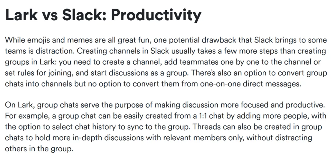 Lark 官网对比 Slack 的功能优势页面
